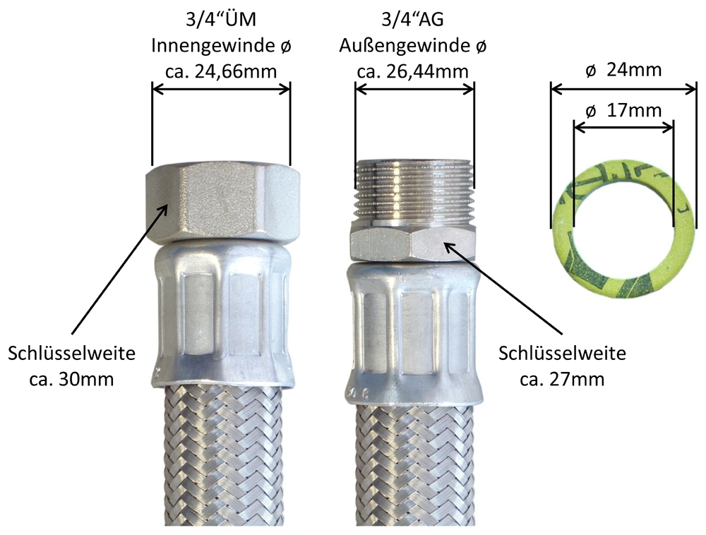 Panzerschlauch DN19, Geflecht VA, 3/4ÜM x 3/4AG, Seele EPDM, (DIN228),  -20 - 90°C, PN10