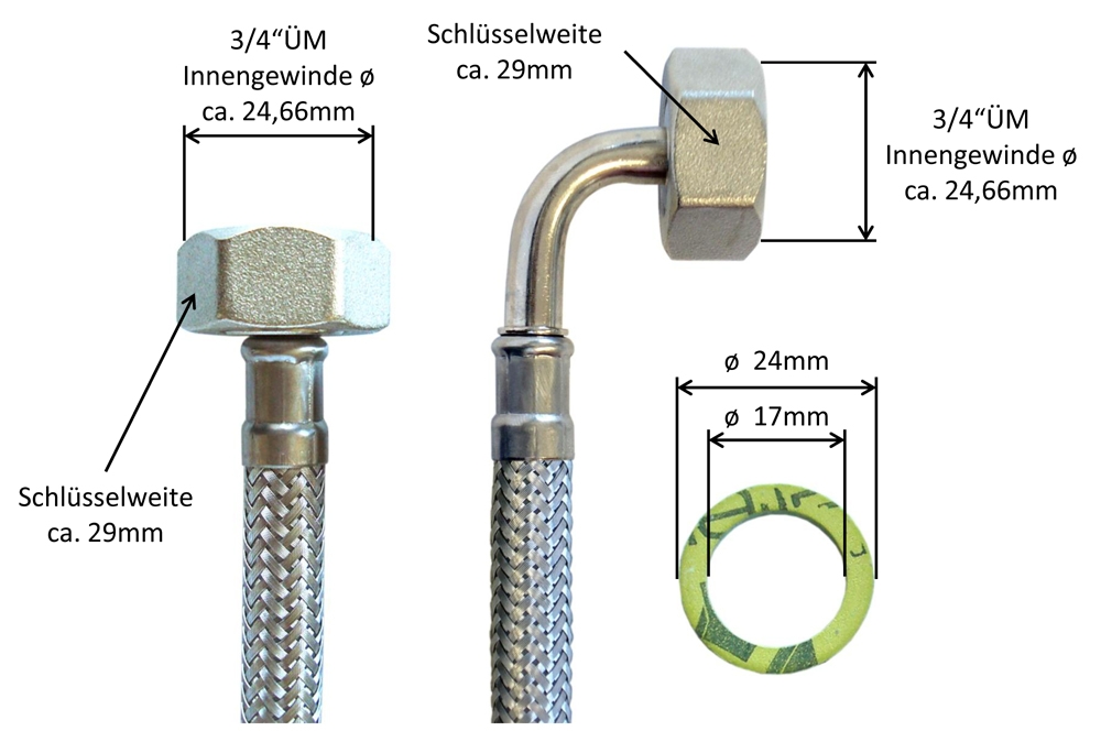 Panzerschlauch 3/4'' AG x 3/4'' IG Überwurfmutter mit  Edelstahldrahtumflechtung - für Heizung - Länge 1.000 mm