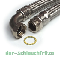 Panzerschlauch DN32, Geflecht VA, 1 1/4"AG x 1 1/4"ÜM Bogen, PN6, -20 bis 90°C