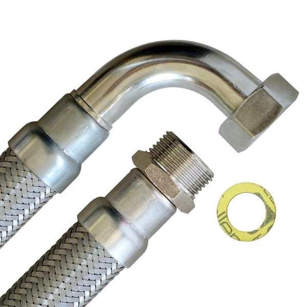 Panzerschlauch DN25 für Trinkwasser, Seele HDPE, DVGW, -15 - 75°C, PN10, 1"AG x 1"ÜM Bogen