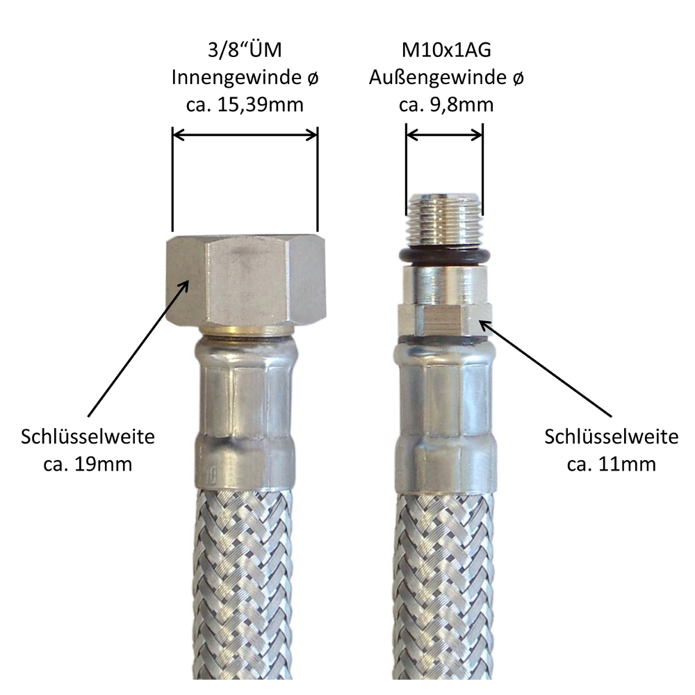 Panzerschlauch, Flexschlauch, DN8, M10x1AG kurz x 3/8ÜM,  Armaturenanschluss Schlauch für Trinkwasser