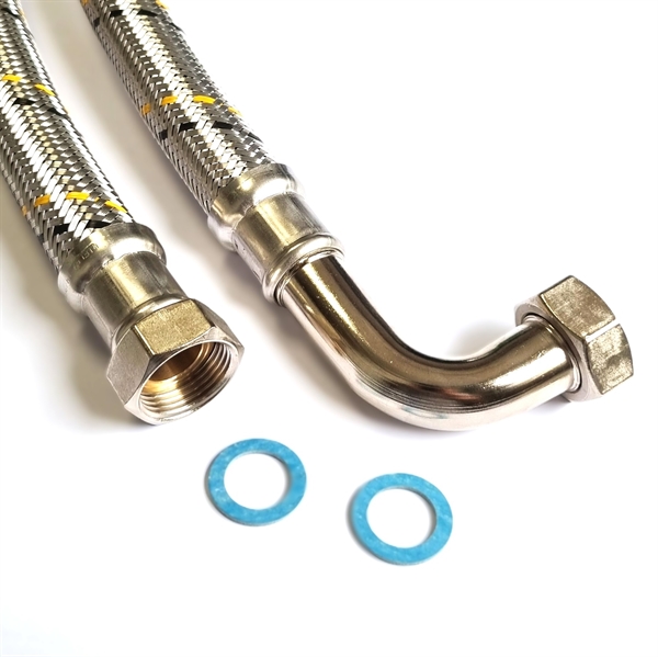 Saug-/Druckschlauch DN25, Geflecht VA, Seele HDPE, 1"ÜM x 1"ÜM Bogen, -15 bis 80°C, PN10,