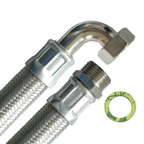 Panzerschlauch DN25, Umflechtung VA, Seele EPDM, 1"AG x 1"ÜM Bogen, PN10, -20 - 90°C