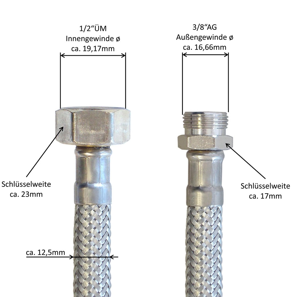 Panzerschlauch 1/2ÜM x 3/8AG, Flexschlauch in DN8 mit
