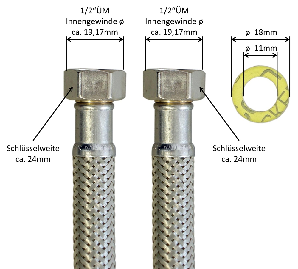 Flexschlauch Verbindungsschlauch 1/2 Zoll IG, 1/2 Zoll IG - 20 bis 200 cm  Länge - BAU-MATERIAL