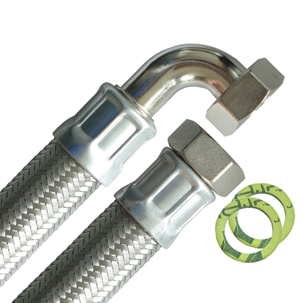 Panzerschlauch DN25, Umflechtung VA, Seele EPDM, 1"ÜM x 1"ÜM Bogen, PN10, -20 - 90°C