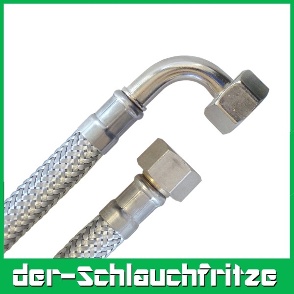 Panzerschlauch 3/8"ÜM x 3/8"Bogen mit DVGW Zulassung, Umflechtung VA, -20 bis 85°C, PN10, DN8, 100mm