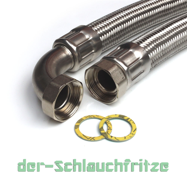 Panzerschlauch DN32 für Trinkwasser, 1 1/4"ÜM x 1 1/4"ÜM Bogen, PN6, -15 bis 70°C,