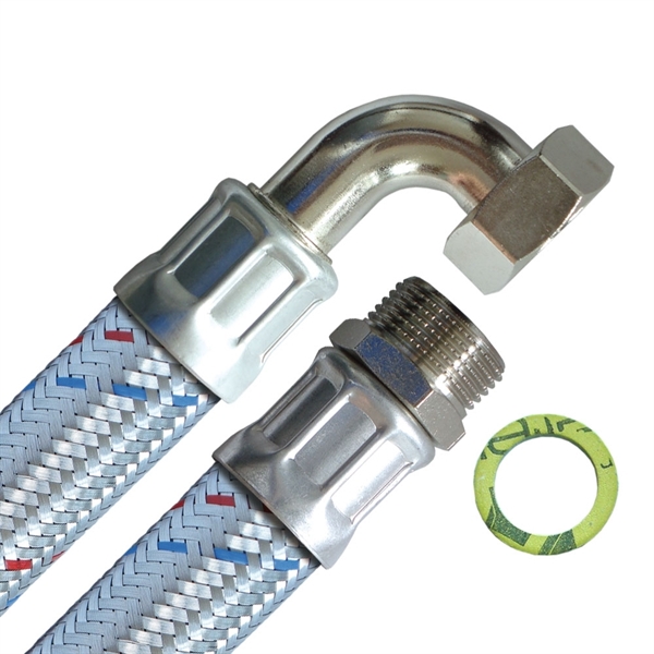 Panzerschlauch DN25, Geflecht verzinkt, PN10, EPDM Inliner, 1"AG x 1"ÜM Bogen, -20 bis 90°C,