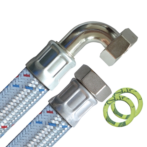 Panzerschlauch DN25, Geflecht verzinkt, PN10, EPDM Inliner, 1"ÜM x 1"ÜM Bogen, -20 bis 90°C,