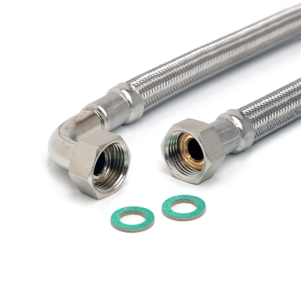 Panzerschlauch DN13 für Trinkwasser, 1/2"ÜM x 1/2"ÜM 90°Bogen, PN10, -15 - 70°C, DVGW
